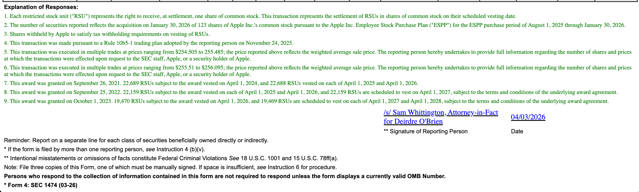 Explanation of Responses section from an SEC Form 4 showing 9 numbered footnotes covering RSU definitions, tax withholding, Rule 10b5-1 plan details, weighted average prices, and grant dates
