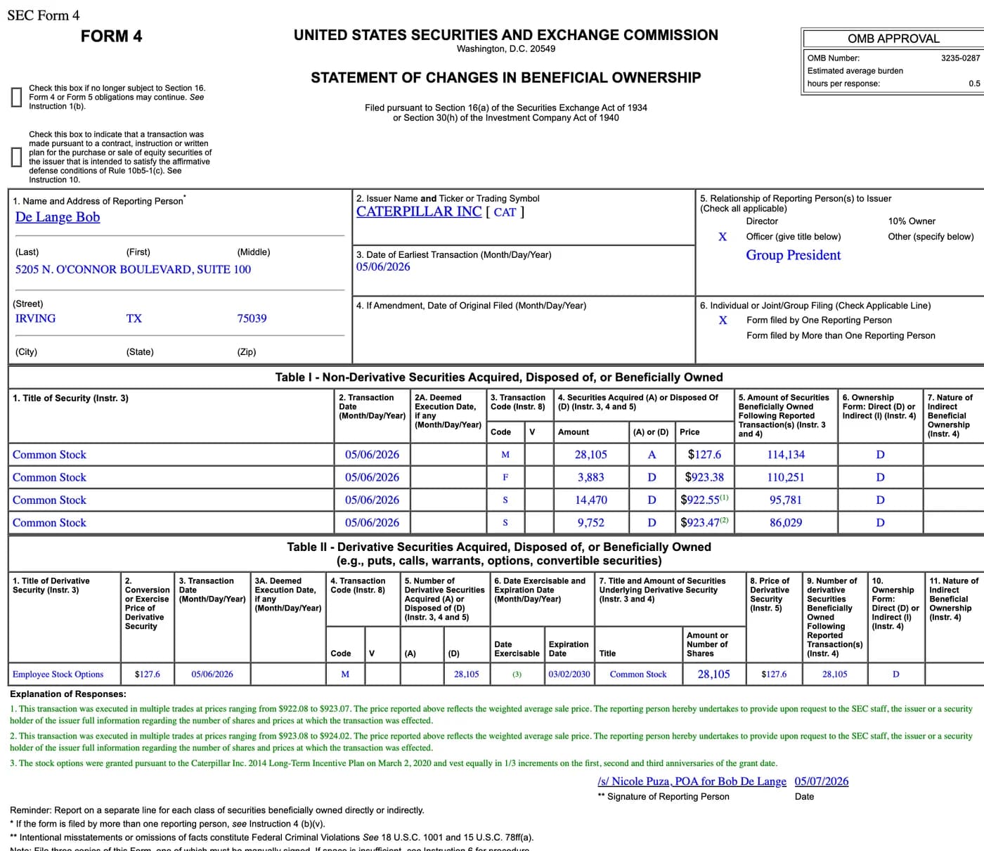 SEC Form 4 filed by Bob De Lange for Caterpillar Inc. on 7 May 2026, showing four transaction legs across Table I and Table II with three footnotes